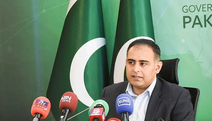 Minister of State for Finance Bilal Azhar Kayani addressing a press conference. —APP/File