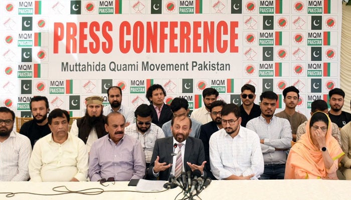 Veteran Muttahida leader and member of the National Assembly Dr Farooq Sattar addressing a press conference on April 18, 2026. — Facebook@dfsmqm