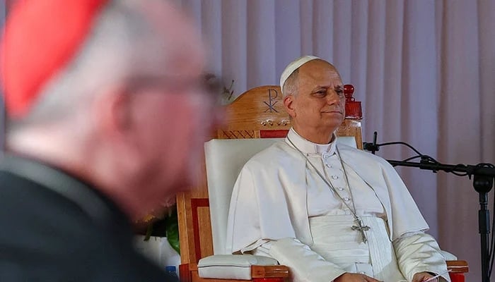 Pope Leo XIV attends a meeting with university students and professors at the Catholic University of Central Africa in Yaounde, Cameroon, April 17, 2026. — Reuters