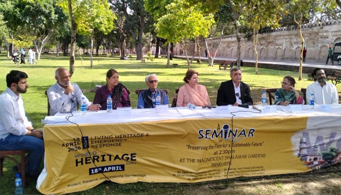 The image shows the World Heritage Day being marked at the Shalimar Gardens, Lahore, on April 18, 2026. — Facebook@WCLAuthority