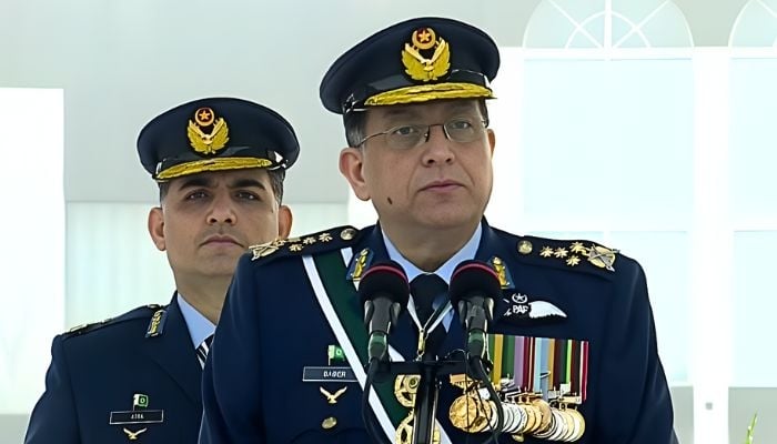 Chief of the Air Staff Air Chief Marshal Zaheer Ahmed Baber Sidhu addressing a ceremony on December 2, 2025. — Screengrab via Geo News