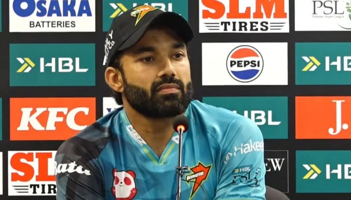 RawalPindiz captain Mohammad Rizwan speaks during the post-match press conference after his team registered their seventh straight defeat in the Pakistan Super League 11 against Lahore Qalandars at the National Bank Stadium in Karachi on April 18, 2026. - PSL