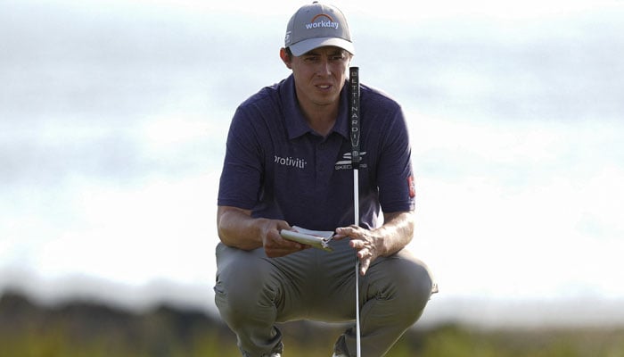 Matt Fitzpatrick looks over his line on 18 green during the third round of the RBC Heritage golf tournament on April 18, 2026 in Hilton Head, South Carolina.