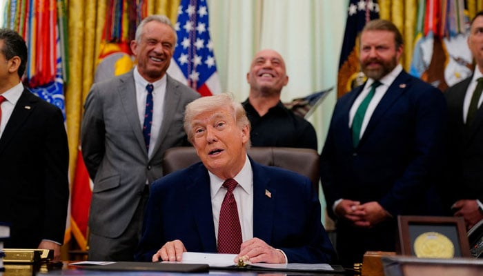 US President Donald Trump speaks about research into mental health treatments in the Oval Office of the White House in Washington, DC, April 18, 2026. — Reuters