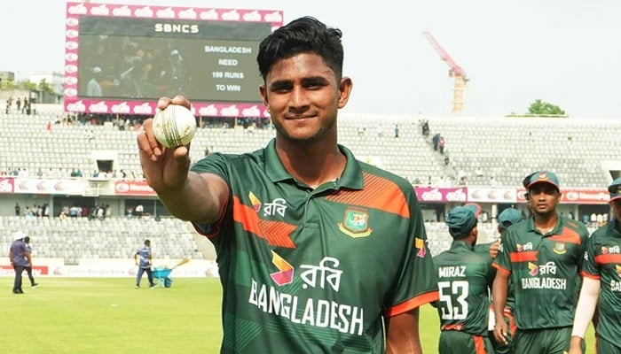 Bangladeshs Nahid Rana poses for a picture after taking five-wicket haul in their first ODI against New Zealand at the Sher-e-Bangla National Cricket Stadium in Mirpur on April 20, 2026. — BCB