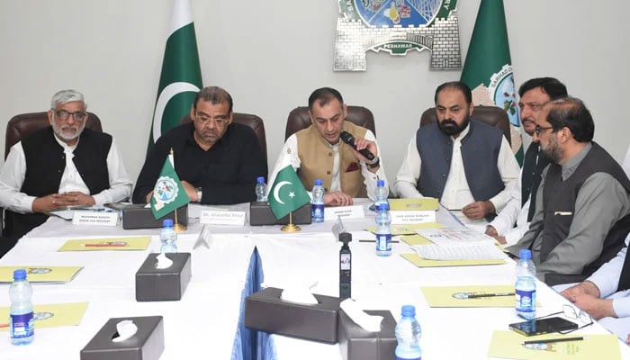 SCCI president Junaid Altaf chairing a joint meeting of the All Pakistan CNG Association Khyber Pakhtunkhwa Chapter and Hajj and Umrah Association,  on April 17, 2026. — Facebook@sarhadchamber