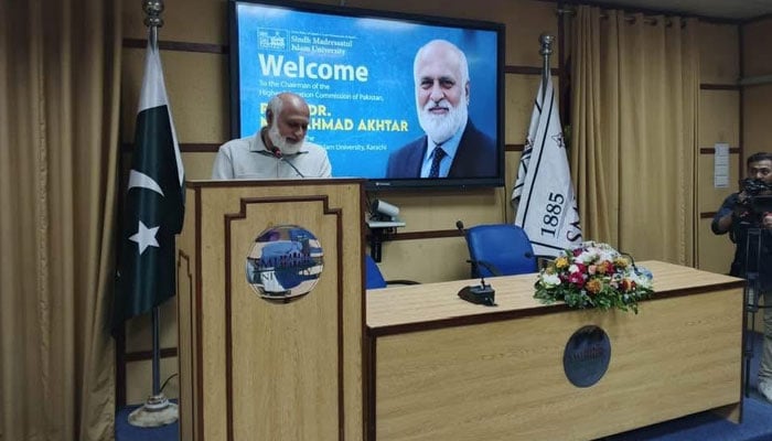 Chairman Higher Education Commission (HEC) Dr Niaz Ahmed Akhtar addressing an event on April 20, 2026. — Facebook@DrNiazAhmadSI