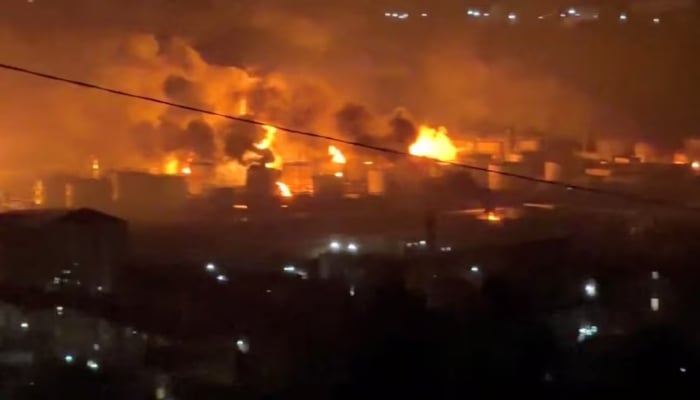 Fire and smoke rise at the Tuapse oil refinery near the Tuapse port, following a Ukrainian drone attack, according to Russian officials, in Tuapse, Krasnodar Krai, Russia, in this screengrab obtained from a social media video released on April 20, 2026.—Reuters