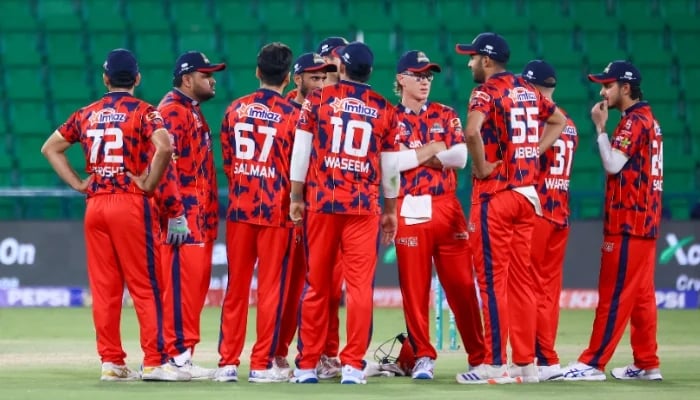 Karachi Kings players in discussion during their Pakistan Super League (PSL) 11 match against Lahore Qalandars at the Gaddafi Stadium in Lahore on March 29, 2026. — PSL