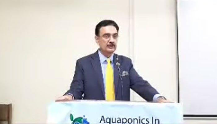 Punjab University (PU) Vice Chancellor Prof Dr Muhammad Ali addressing a workshop on aquaponics organised by the Institute of Zoology on April 21, 2026. — Facebook@ProfDrMuhammadAliOfficialPage/Screengrab