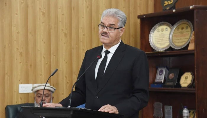 Peshawar High Court (PHC) Chief Justice SM Attique Shah addresses an event on December 17, 2025. —Facebook@kpjapeshawar