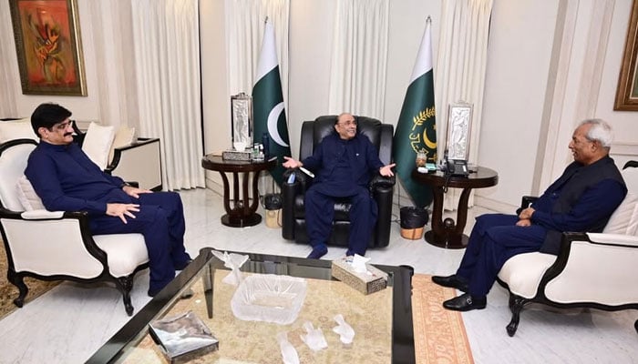 President Asif Ali Zardari is seen meeting with Sindh Chief Minister Syed Murad Ali Shah and Governor Nehal Hashmi at the Bilawal House in Karachi on April 21, 2026. — Facebook@Bilawalhouse
