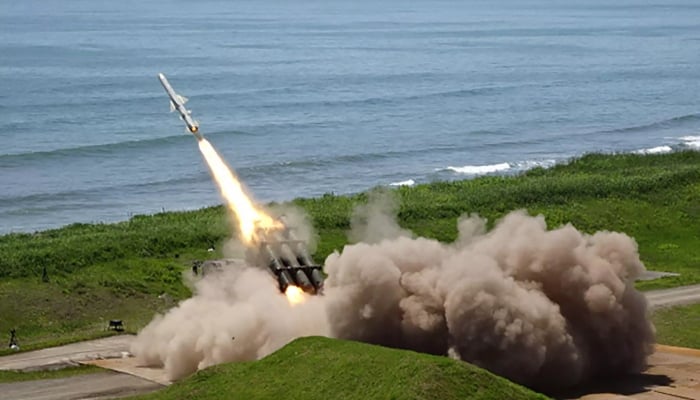 This handout photo taken on June 24, 2025 and received from the Japan Ground Self-Defense Force on June 25, 2025 shows a single Type-88 missile being tested off the coast at the JGSDF Shizunai Anti-aircraft firing range in Shinhidaka, Hidaka district on the northern island of Hokkaido.—Japan Ground Self-Defense Force
