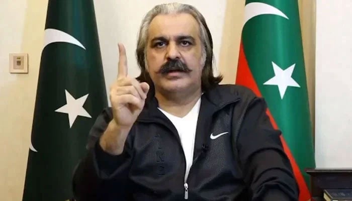 Former KP CM Ali Amin Gandapur gestures during a video link address to PTI workers on September 22, 2024. — Screengrab via Geo News