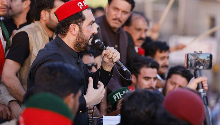 Khyber Pakhtunkhwa Chief Minister Sohail Afridi addressing a rally in Mardan on April 21, 2026. — Facebook@ImMuhammadSohailAfridi