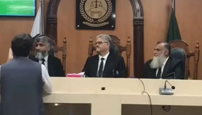 Peshawar High Court (PHC) Chief Justice SM Attique Shah is seen attending the laying of the foundation stone ceremony for the new Khyber Pakhtunkhwa Services Tribunal building on March 13, 2025. — Screengrab via Facebook@muzzammil.khan.102