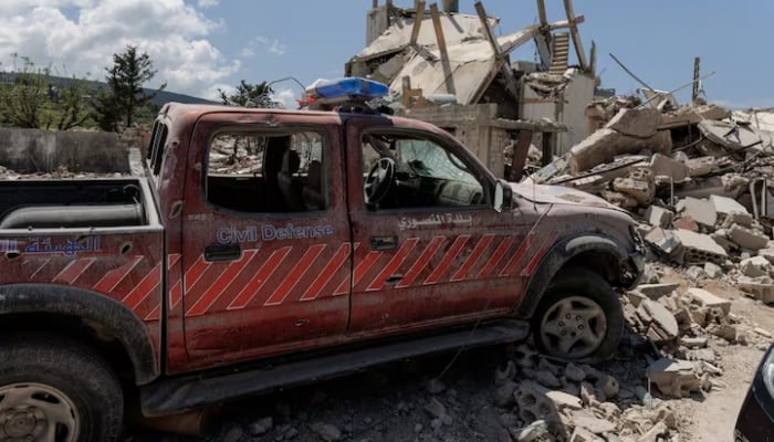 A damaged civil defence car parks in front of a house damaged by an Israeli strike, amid a 10-day ceasefire between Lebanon and Israel, in Mansouri village, southern Lebanon, April 21, 2026. —Reuters