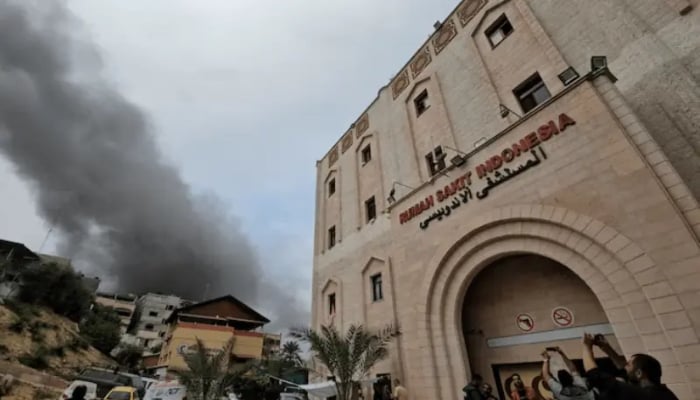 Smoke rises following an Israeli strike near the Indonesian Hospital in the northern Gaza Strip, on Nov 12, 2023. — Reuters/File