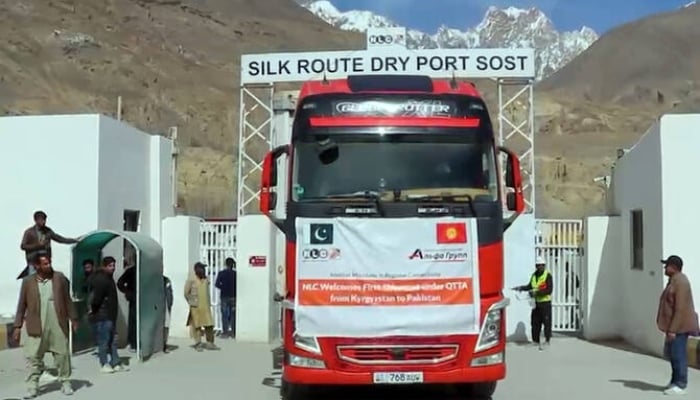 The screengrab taken from a video shows a container truck from Kyrgyzstan arrives at the Sost dry port on Karakoram Highway in Gilgit-Baltistan region of Pakistan on April 22, 2026. —Screengrab via NLC