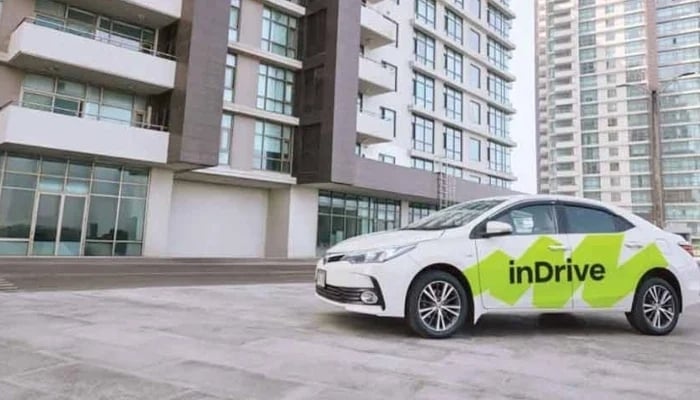 The representational image displays a car branded with the logo of ride-hailing service inDrive. — inDrive/File