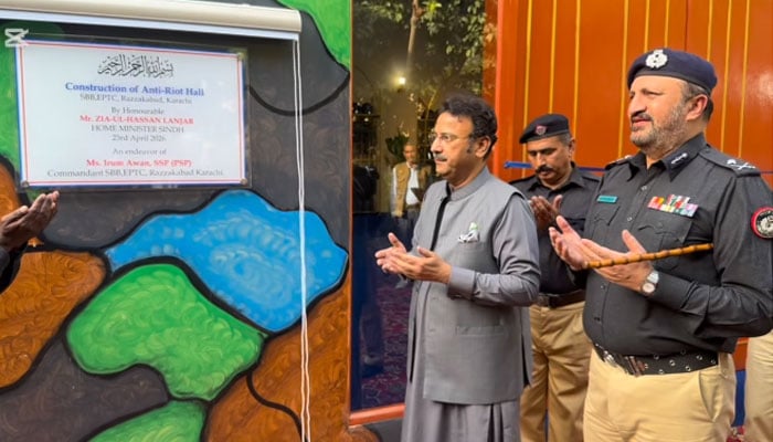 Sindh Home Minister Ziaul Hassan Lanjar inaugurates a project at the Shaheed Benazir Bhutto Elite Police Training Centre, Razzaqabad, on April 23, 2026. — Facebook@sindhpolicedmc/Screengrab