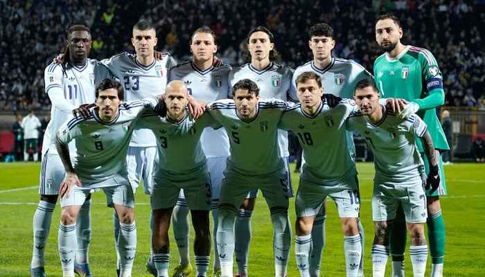 Italy players pose for a team group photo before the match, FIFA World Cup - UEFA Qualifiers - Finals - Bosnia and Herzegovina v Italy - Bilino Polje Stadium, Zenica, Bosnia and Herzegovina - March 31, 2026. — Reuters