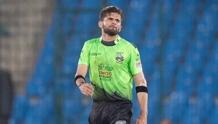 Lahore Qalandars Shaheen Shah Afridi in action during their PSL 11 match against Quetta Gladiators at the National Bank Stadium in Karachi on April 17, 2026. — PSL