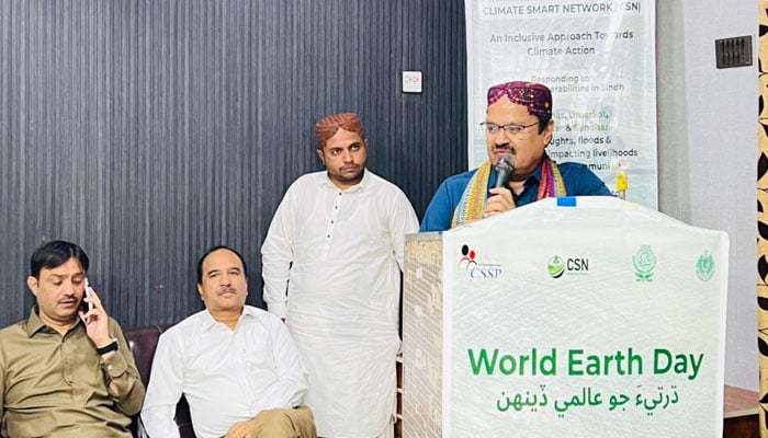 Dr Mahesh Kumar Malani addressing an event organised by the  Sindh Environmental Protection Agency (SEPA) on April 22, 2026. — Facebook@MaheshMalaniPPP