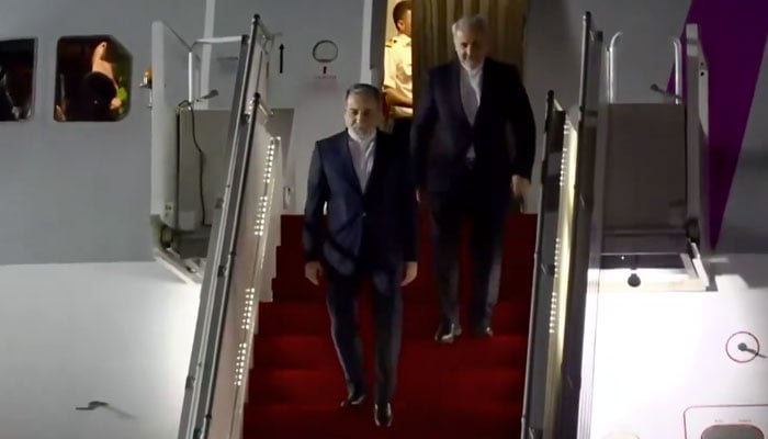 Iranian Foreign Minister Abbas Araghchi (left) descends aircraft stairs during visit to Pakistan, April 24, 2026. — Screengrab via X/@MIshaqDar50