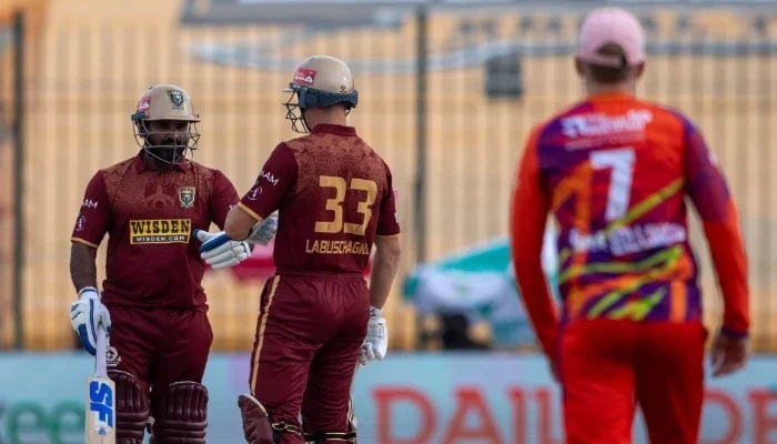 Hyderabad Kingsmen batter Kusal Perera (left) and skipper Marnus Labuschagne exchange fist bumps during their Pakistan Super League (PSL) 11 match against RawalPindiz at the National Bank Stadium in Karachi on April 16, 2026. — PSL