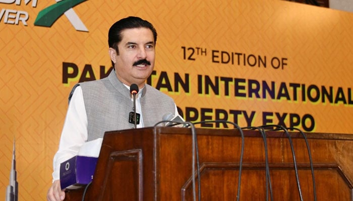 Khyber Pakhtunkhwa Governor Faisal Karim Kundi speaking at a gathering after inaugurating the 12th edition of Pakistan International Property Expo (PIPEX) 2026  on April 25, 2026. — Facebook@FaisalKarimKundi
