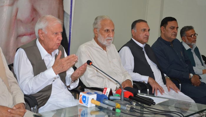 Qaumi Watan Party (QWP) chairman Aftab Ahmad Khan Sherpao addressing a press conference, on April 25, 2026. — Facebook@AftabSherpao.Official