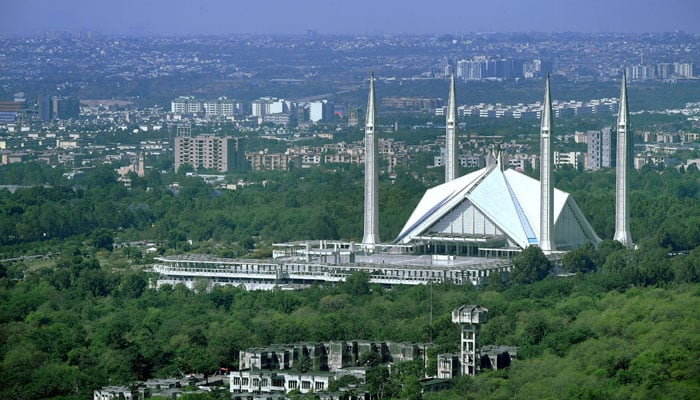 A beautiful view of the iconic Faisal Masjid nestled at the foot of the lush green Margalla Hills, showcasing the architectural beauty of the federal capital on April 25, 2026. — APP