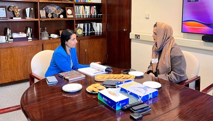 The image shows a meeting between UHS Pro-Vice Chancellor Prof Dr Nadia Naseem and RCP President Prof Mumtaz Patel, a distinguished clinician and medical educator, on April 25, 2026. — Facebook@uhs.lhrofficial
