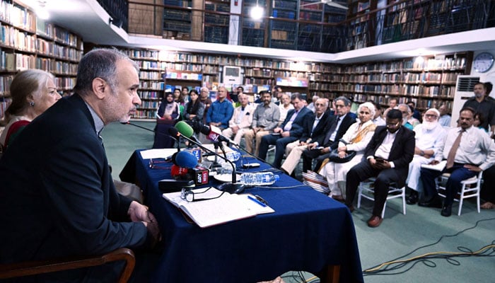 Consul General of the Islamic Republic of Iran, Akbar Eissa Zadeh, addresses a session on “Iran at the Crossroads of War in the Middle East” at the Pakistan Institute of International Affairs (PIIA) on April 25, 2026. — APP