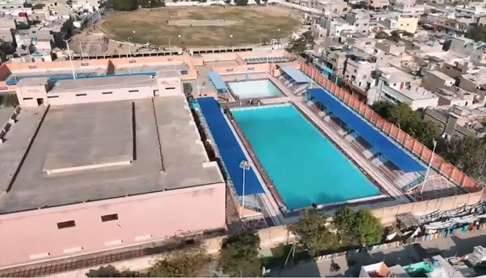 The image shows an aerial view of the Landhi Sports Complex after its inauguration on April 25, 2026. — Facebook@barristermurtazawahabofficial/Screengrab