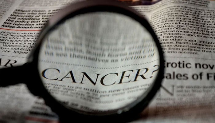 This representational image features a magnifying glass focused on the word CANCER printed on a newspaper. — The News/File