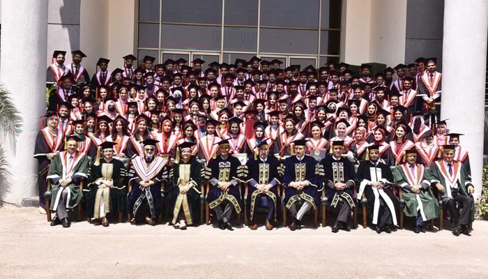 The image shows a group photo after the 12th Convocation Ceremony of Bahria University Health Sciences Campus Karachi (BUHSCK) was held on April 25, 2026.  — Facebook@officialBU