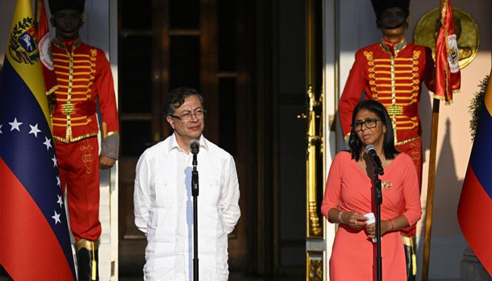 Venezuelas interim president Delcy Rodriguez (right) and Colombian President Gustavo Petro deliver statements after a bilateral meeting at the Miraflores presidential palace in Caracas on April 24, 2026. —AFP