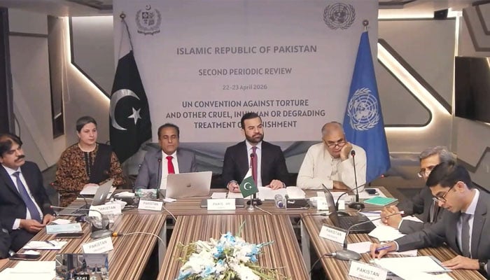 Barrister Aqeel Malik, Minister of State for Law and Justice is seen leading the delegation on April 24, 2026. — X@PakUN_Geneva