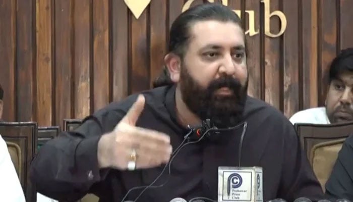 Pakistan Tehreek-e-Insaf Information Secretary Sheikh Waqas Akram addressing a press conference in Peshawar on October 30, 2024. —Screengrab/X/@SheikhWaqqas