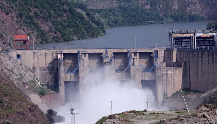 A view of the Uri-II hydroelectric project dam on the Jhelum River which flows from IIOJK into Azad Kashmir, near Uri in IIOJKs Baramulla district, May 7, 2025. — Reuters