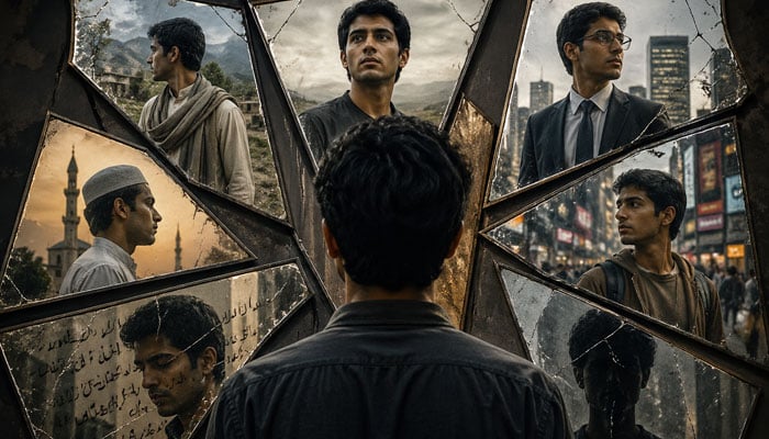 This representational AI generated image shows a person standing before multiple fragmented mirrors. — Open AI