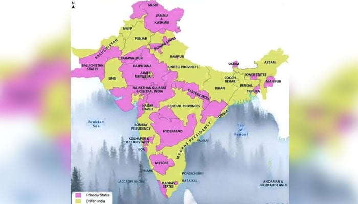 A map of 1947 showing the princely states and British India in two different colors. — Facebook/enlight23