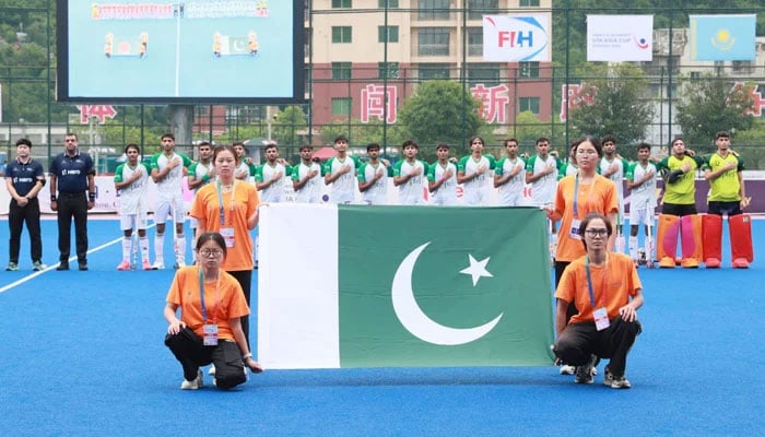 Pakistan team sing their national anthem ahead of their Mens U18 Hockey Asia Cup 2025 match against Bangladesh at the Dazhou National Hockey Training Centre in Dazhou on July 8, 2025. — Asian Hockey Federation