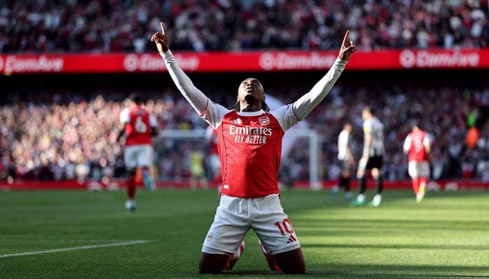 Arsenals Eberechi Eze celebrates scoring their first goal. —Reuters