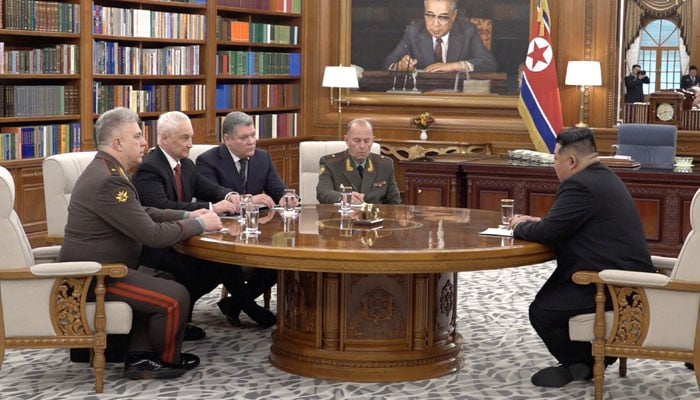 North Korean leader Kim Jong Un and Russian Defence Minister Andrei Belousov attend a meeting in Pyongyang, North Korea, April 26, 2026, in this still image taken from video. — Reuters