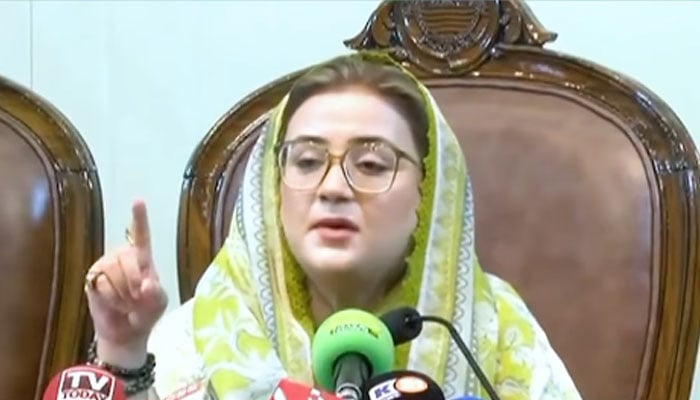 Punjab Minister for Information and Culture, Azma Bokhari addressing a press conference on April 27, 2026. — Facebook@AzmaBokhariPMLN/Screengrab