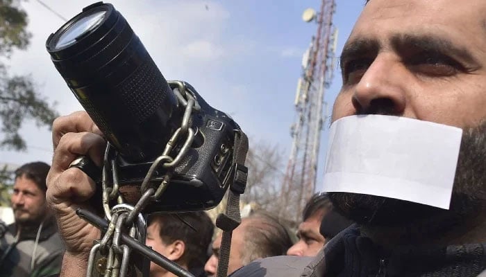 Activists of Khyber Union of Journalist hold protest against PECA Act 2025 at PPC in Peshawar on February 1, 2025. — INP