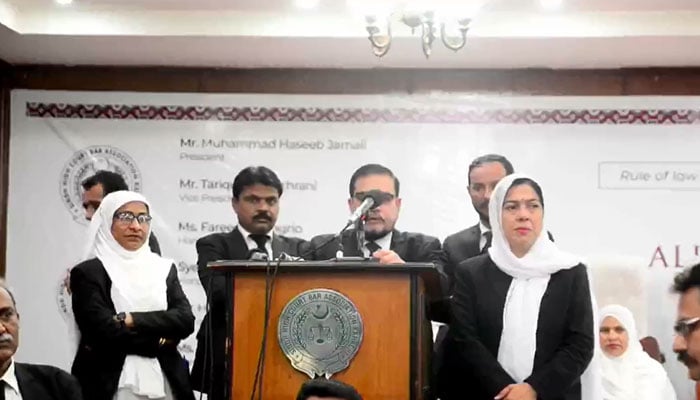 The image shows a glimpse from a convention at under the title ‘Rule of Law’ at the Sindh High Court Bar Association on April 27, 2026. — Facebook@Sindh High Court Bar Association Karachi /Screengrab